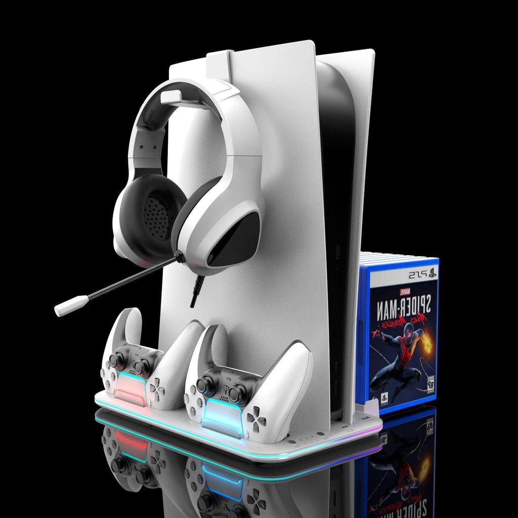 Тонкая многофункциональная охлаждающая подставка для PS5 с зарядным устройством для контроллера и хранилищем для игровых дисков