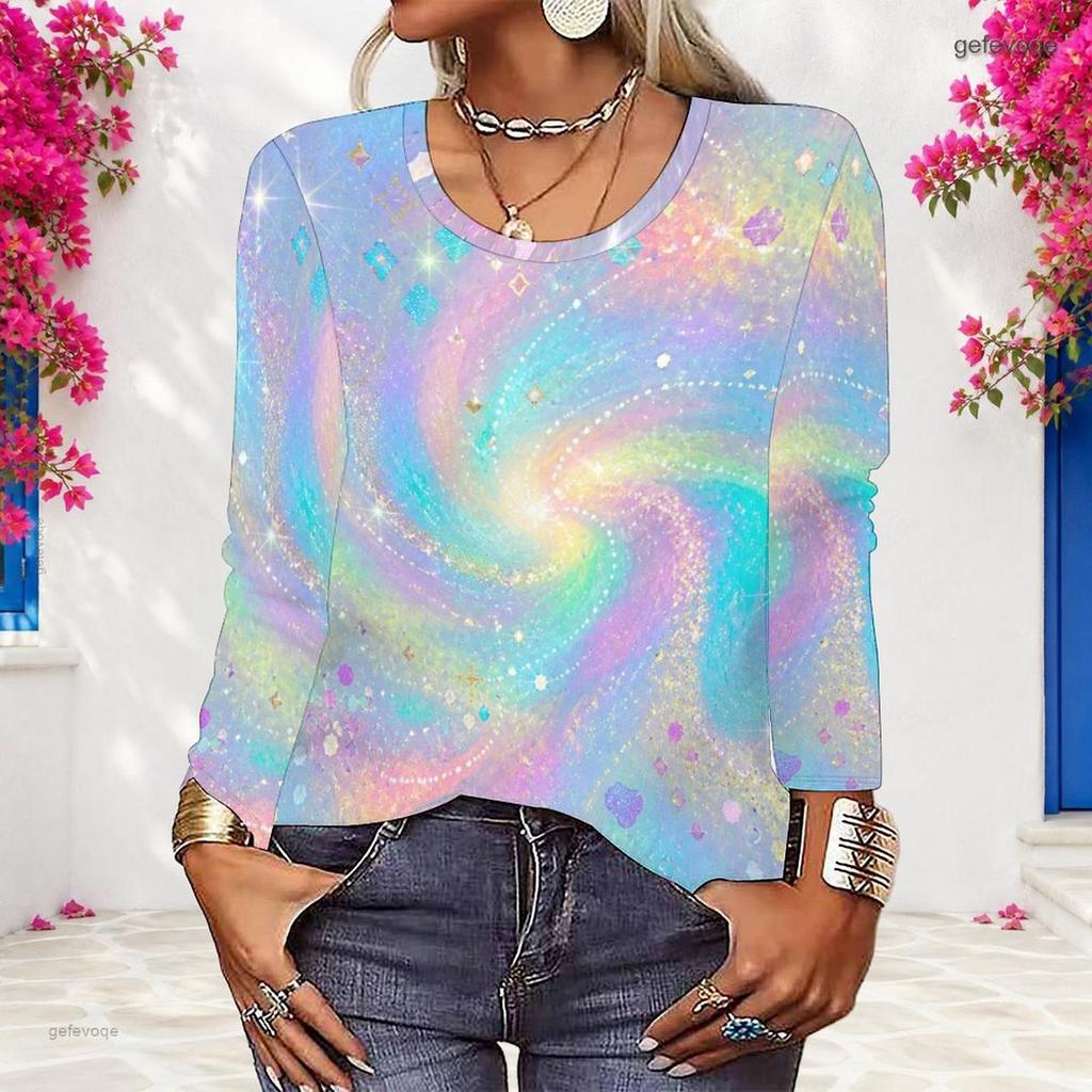 Women Plus Size Long Sleeve Blouse Abstract Peacock Feather Dot Print Round Neck Casual Loose Pullover For Daily Wear
