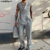 Men Lapel V Neck Long Jumpsuits Casual Zipper Solid Color Rompers