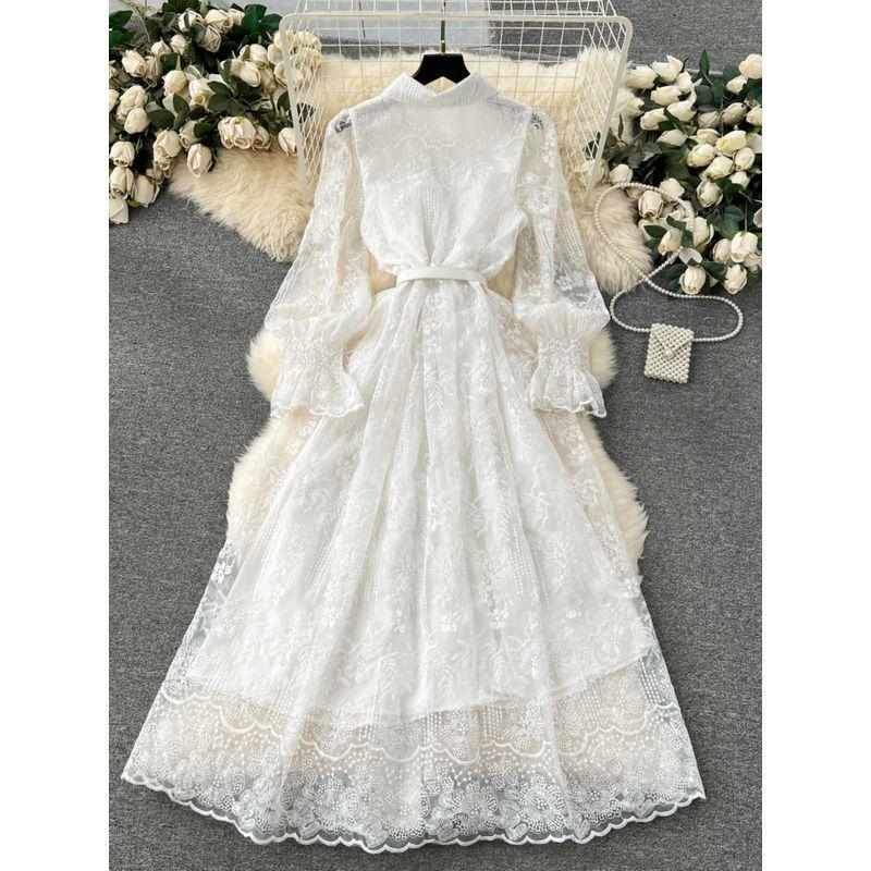 Retro Machine Embroidery Silm Long Lace Dress