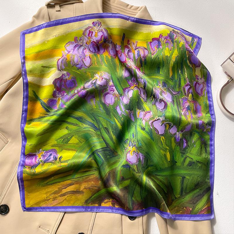 Oil painting green tulip silk scarf women's small square scarf Hangzhou silk mulberry silk silk scarf thin gift mother