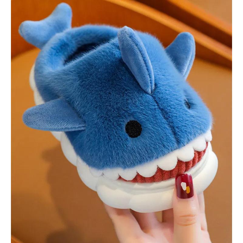 Winter Cartoon Shark Cotton Slippers Boys Indoor Soft Bottom Padded Warm Middle And Large Children Non-slip Children's Slippers