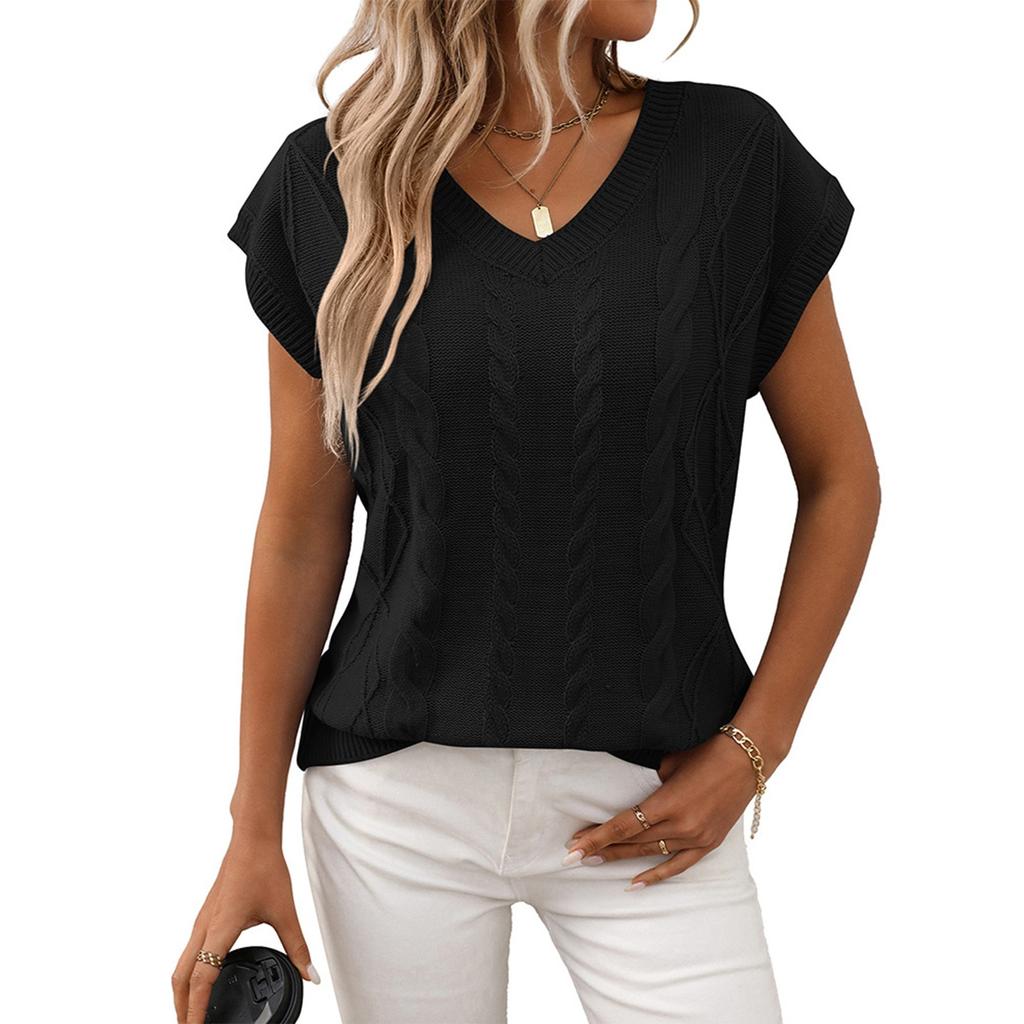 Women's Fashionable Solid Color V Neck Short Sleeved Pullover T-shirt Top
