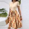 Women's Fashionable Retro Patterned Printing Color Blocked Belt Casual Dress