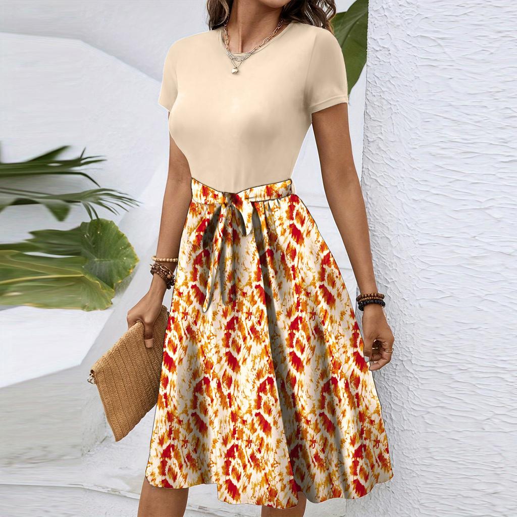 Women's Fashionable Retro Patterned Printing Color Blocked Belt Casual Dress
