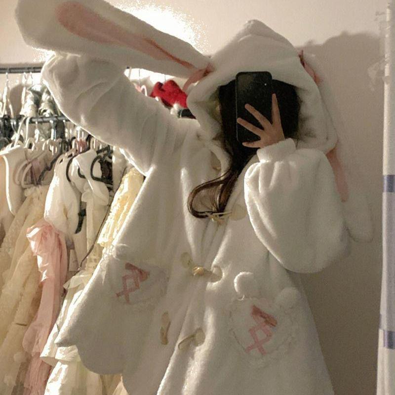 Милая толстовка-куртка из овечьей шерсти с кроличьими ушками для женщин, зима 2025, маленький размер, на флисовой подкладке