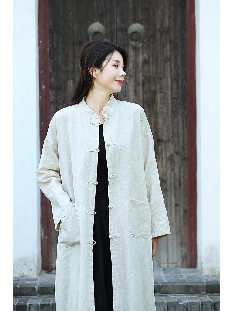Women's Mid-Length Cotton Linen Cardigan - Retro Sand Washed