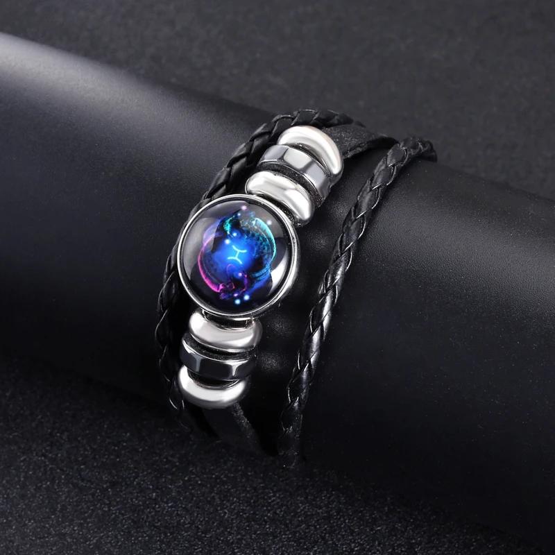 12 Знаков Зодиака Созвездие Браслет Подвеска Мужская Женская Мода Многослойный Плетеный Кожаный Панк Браслет Пары Подарок Гордость