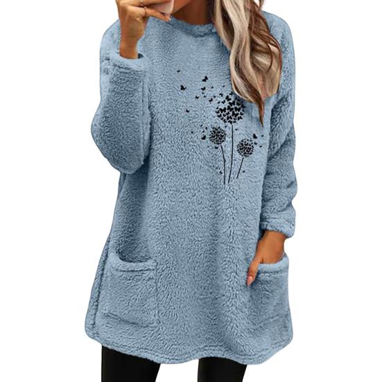 O-Neck Long Sleeves Pockets Mid-Length Winter Sweatshirt Women Loose Fit Embroidery Cat Pattern Fleece Pullover Top