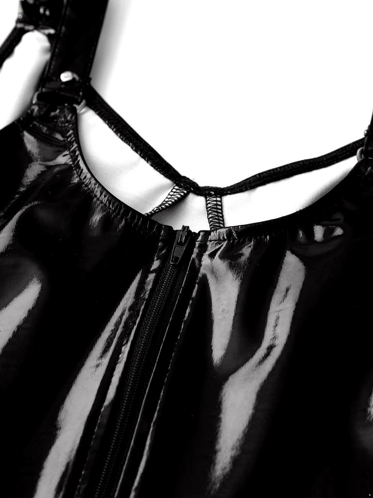 Womens Glossy Patent Leather Adjustable Straps Back Zipper Bodycon Dress