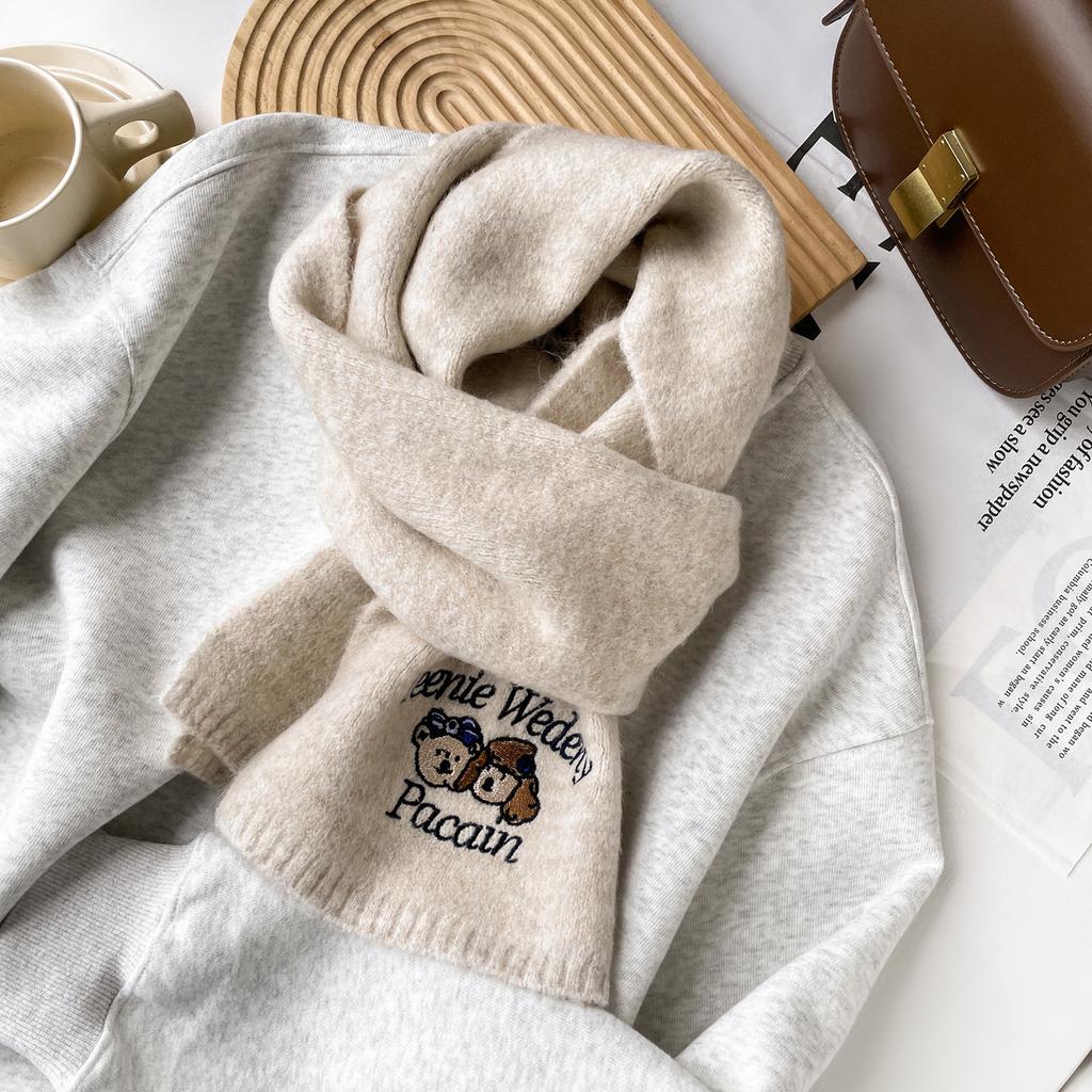 Cute Woolen Bear Scarf Embroidered Knitted Scarf For Women Winter Advanced Warm And Cold-Proof Versatile Student Woolen Scarf