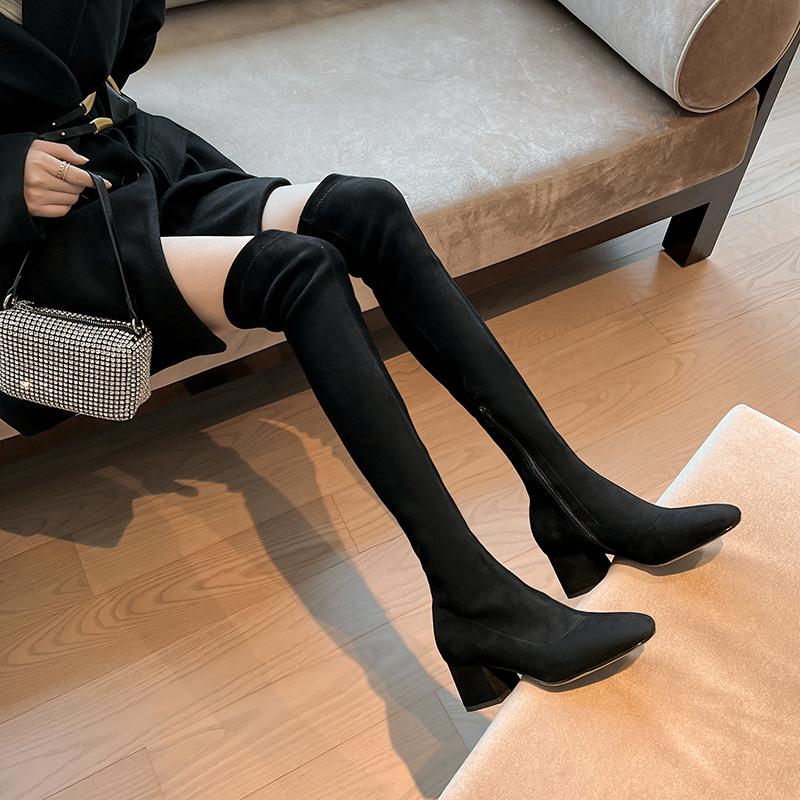 Fashion New 2024 Autumn Winter Stretch Over The Knee Boots Women Fashion Suede Round Toe Square Platform Shoes Thick Heels Long Booties