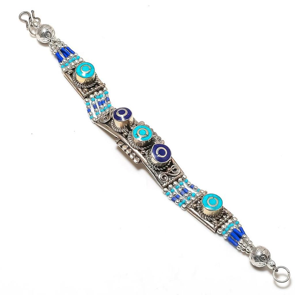 Turquoise Lapis Lazuli Bracelet Handmade Boho Tibetan Nepali Jewelry 7" NBB 3407
