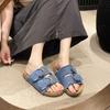 Aphixta Ретро Синие Джинсовые Тапочки Женские Летние Туфли с Круглым Носком Уличные Шлепанцы на Плоской Подошве Металлическая Пряжка Вьетнамки