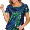 2023 Sequin Bead Flip Round Neck Slim Fit Short Sleeve Party Top