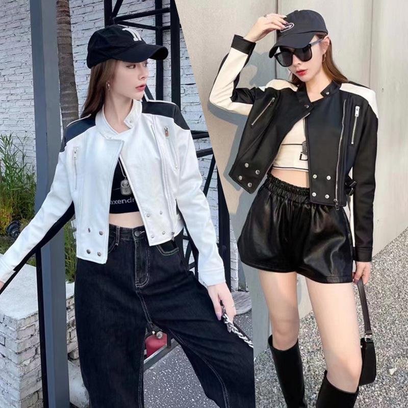 Маленькая кожаная куртка для женщин весна и осень новый модный дизайн индивидуальный контрастный цвет мотоциклетная короткая куртка
