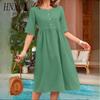 HNXC Women's Fashion Summer Spring Solid Color Print O-Neck High Waist Casual Dresses