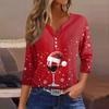 Женская футболка с рождественским принтом, на пуговицах, рукав 3/4, повседневная мода на выходные, базовый топ с V-образным вырезом