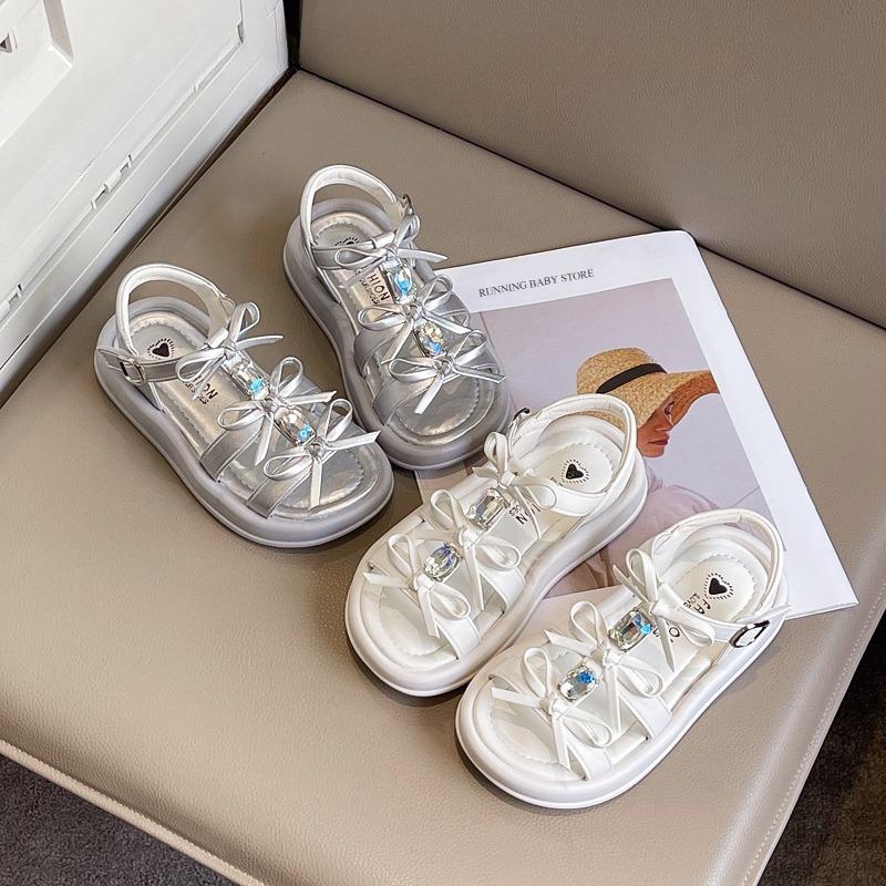Wedding Party Children's Summer Sandals New Girl Princess Shoes Elegant Chic Bow Kids Causal Flat Sandals Rhinestone I09056