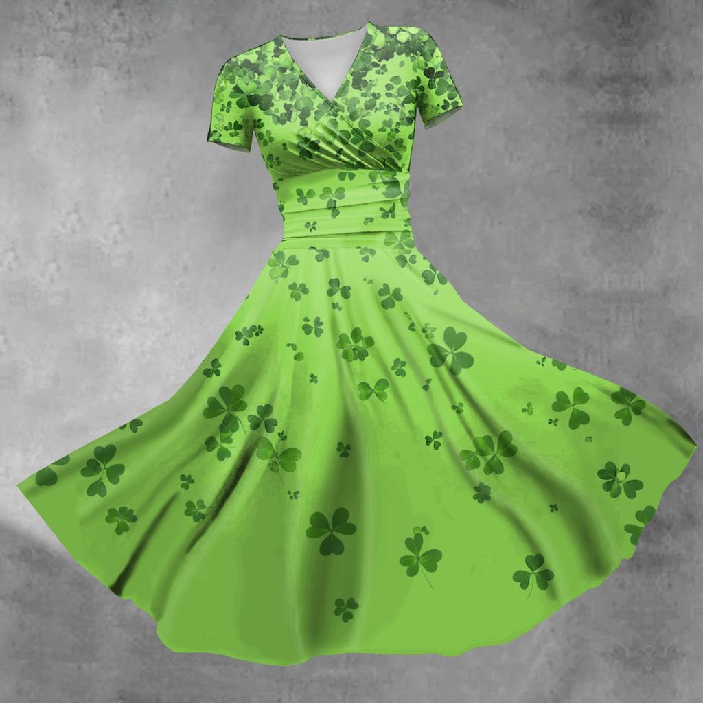 Женское платье принцессы, сексуальное платье с V-образным вырезом, принтом, присборенной талией, плиссировкой и короткими рукавами