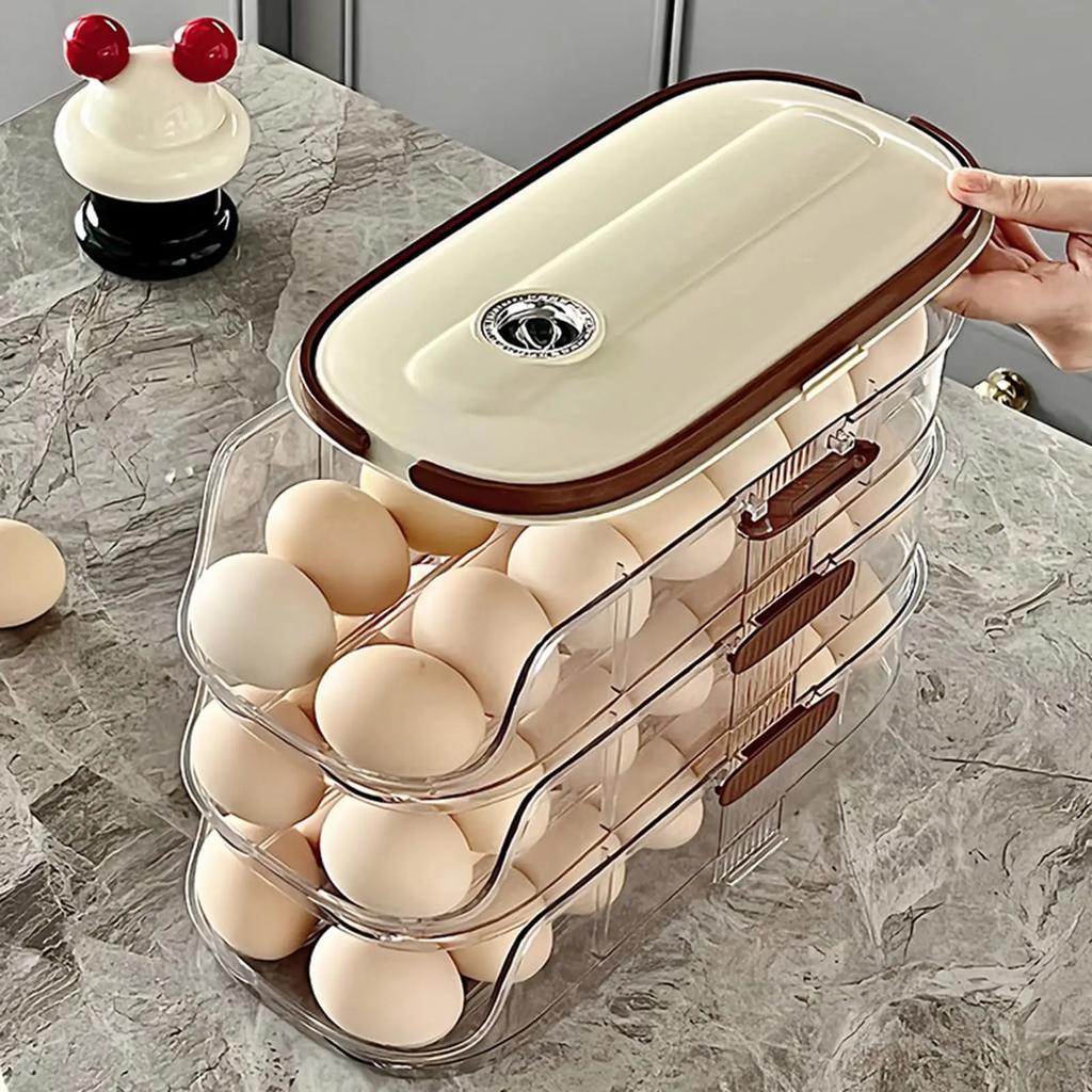 Egg Holder for Refrigerator Automatic Rolling, Storage Box Transparent Stackable Fridge Organizer with Lid For Kitchen DROPSHIP