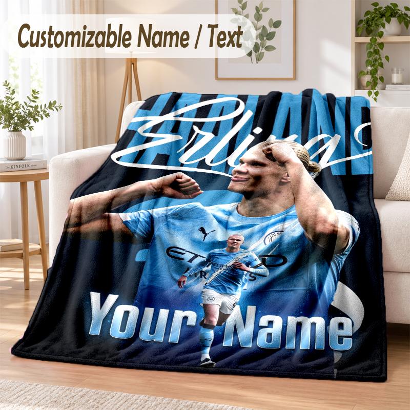 Custom Text Flannel Blanket Erling Haaland Print Warm Cozy Blanket Home Sofa Bedding