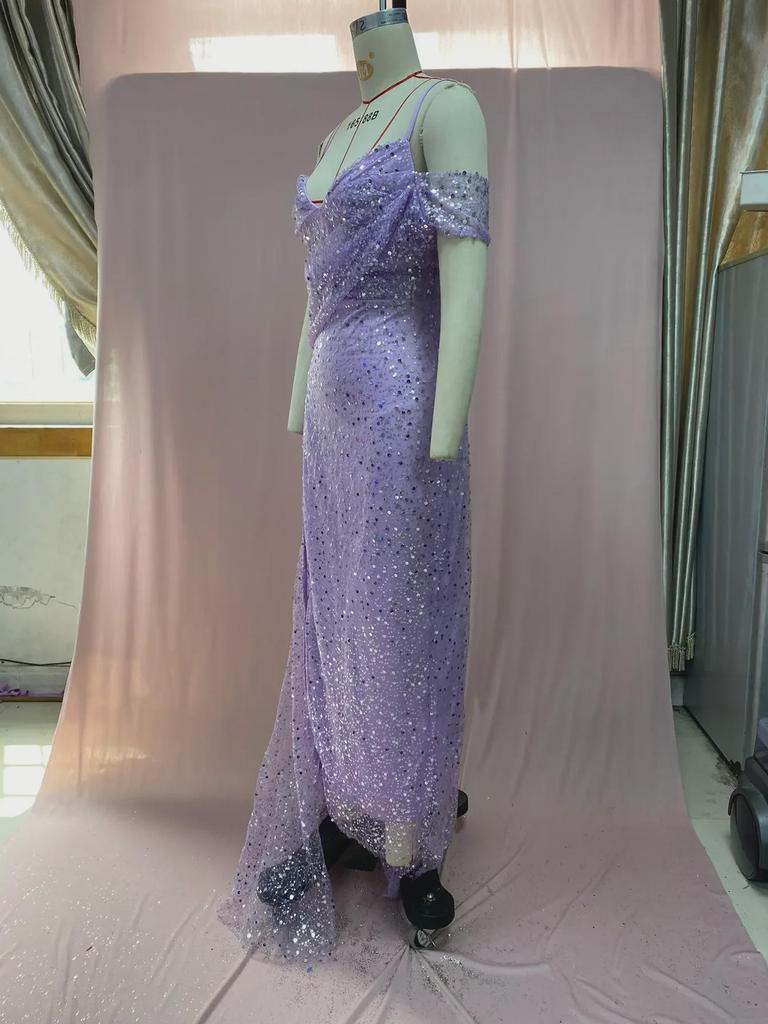 Женское вечернее платье в европейском и американском стиле 2025 года: Разрез с пайетками, неровный подол, длинная юбка с подтяжками