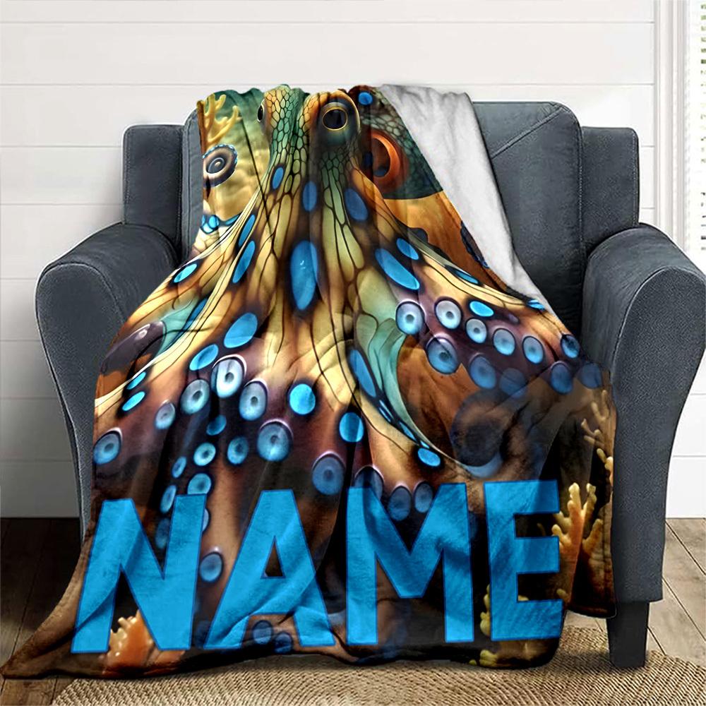 Colorful Octopus With Blue Spots On A Coral Reef Background Cozy Customizable Blanket Customize Text Durable Comfort Versatile For Sofa Couch Office