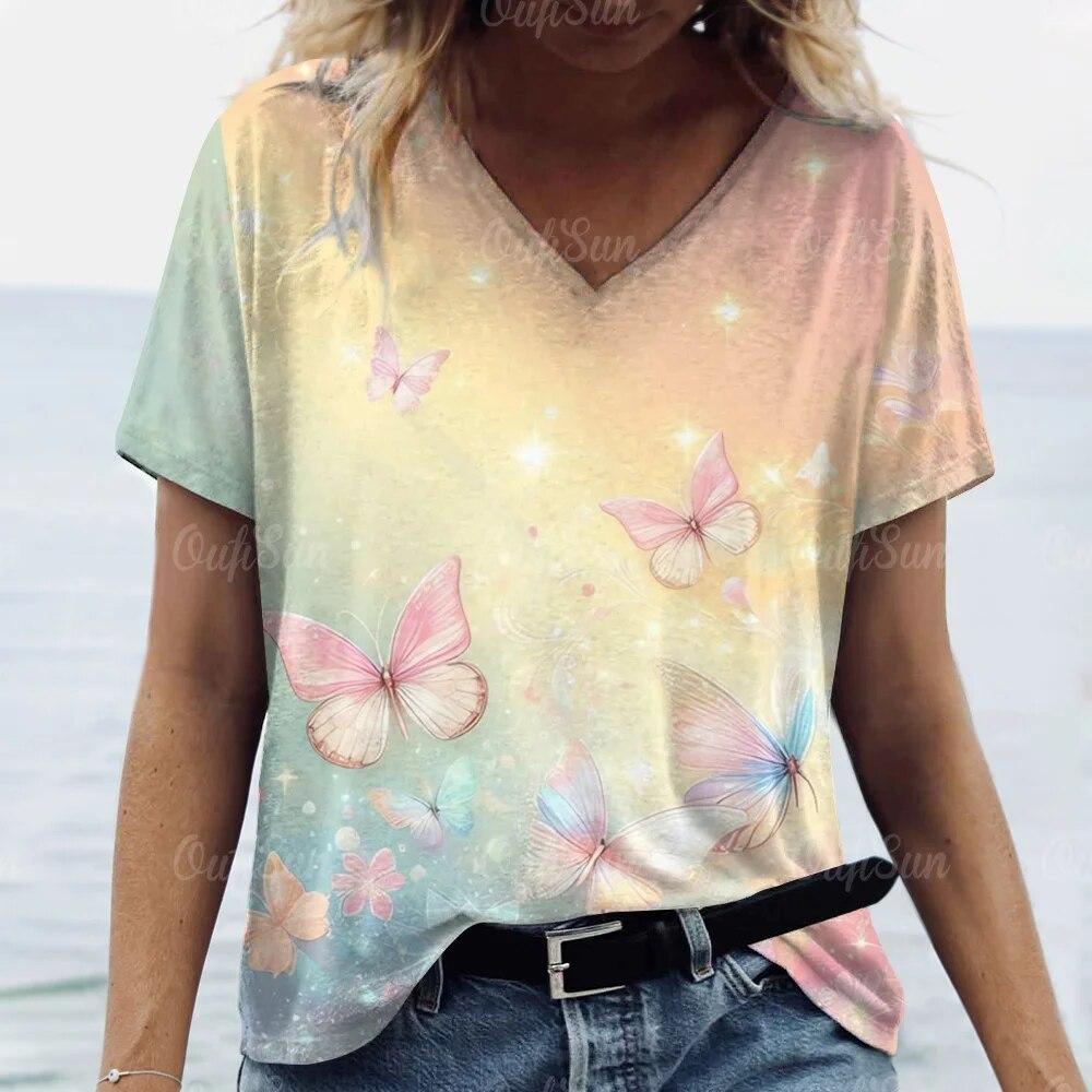Топ женская футболка летняя мода с цветочным принтом бабочки футболки с короткими рукавами футболка с v-образным вырезом для женской одежды больших размеров