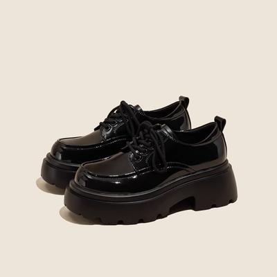 Туфли на платформе из мягкой кожи женские черные в британском стиле на шнуровке с увеличенным голенищем 2024 года, новая женская обувь на весну и осень