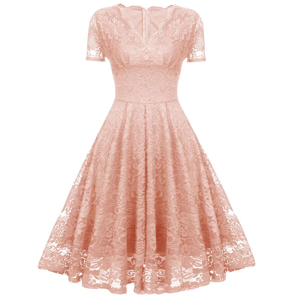 Женское кружевное платье миди с V-образным вырезом и короткими рукавами, приталенное по талии, для выпускного вечера, подружки невесты, гостя на свадьбе, вечеринки, коктейля, вечернего мероприятия