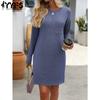 Women's Fashion Spring Fall Solid Color Print Long Sleeve O-Neck Loose Waistline Casual Dresses