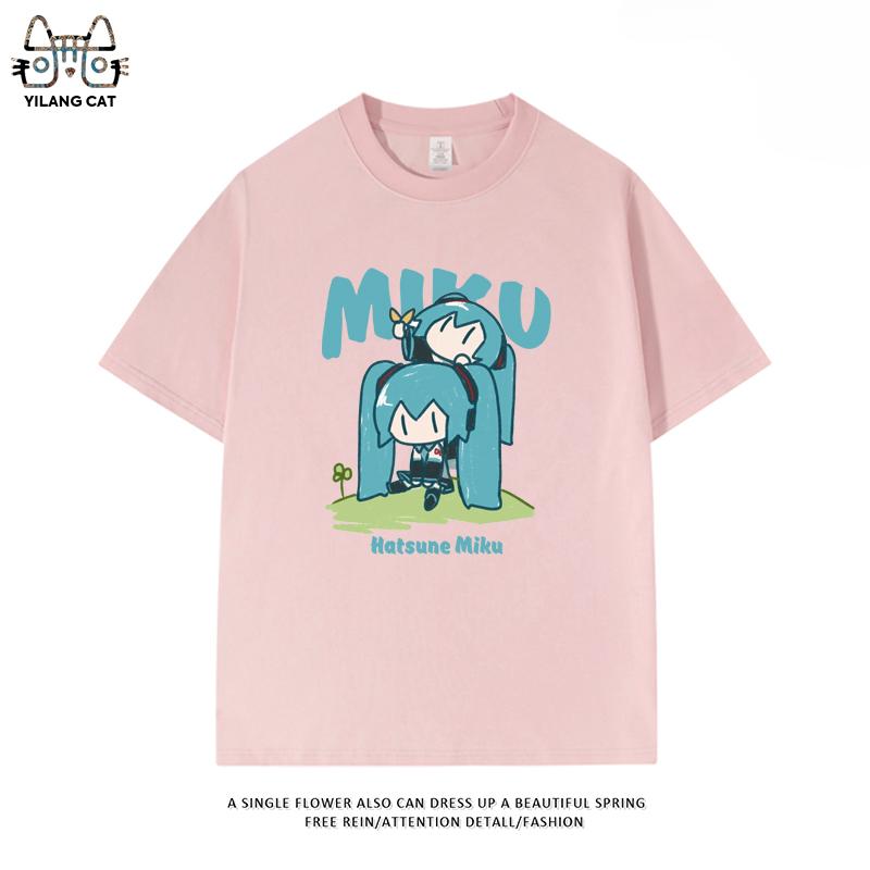 Футболка с вторичным паттерном Hatsune Miku, летняя, мужская и женская, высококачественная, 100% хлопок, повседневная, в стиле Харадзюку, свободная