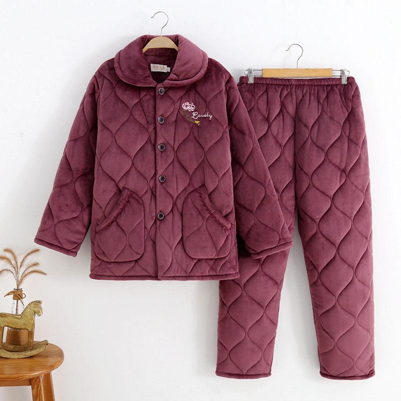 Мама Стеганая Пижама Трехслойный Толстый Коралловый Флис Домашняя Одежда Женский Комплект Пижамы Большого Размера