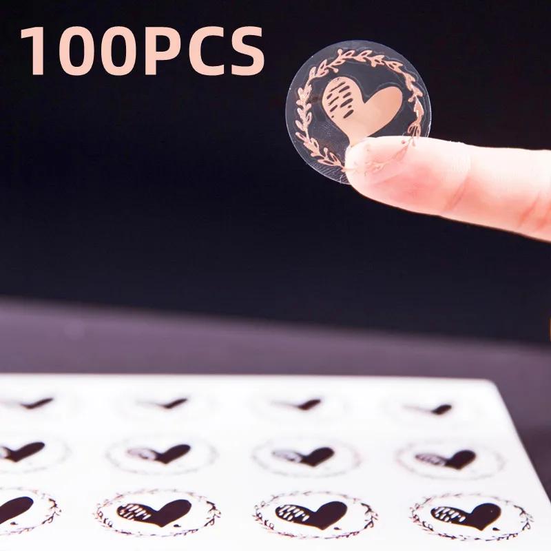 100pcs Clear Bronzing Heart Stickers 1.26 Inch Round Envelope Sealing Label for Wedding Party Invitation Card Gift Decor Tags