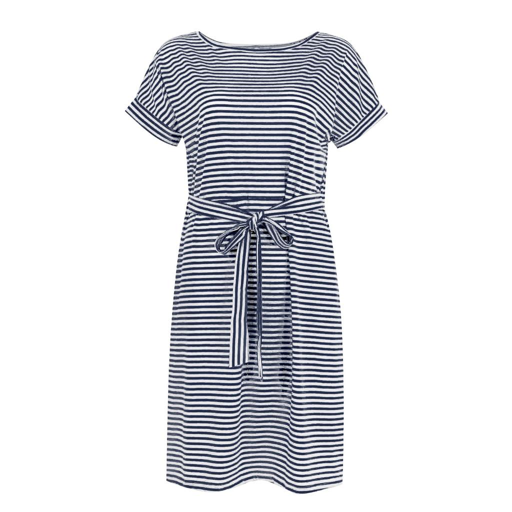 Женское повседневное модное сексуальное платье-туника в полоску с круглым вырезом и короткими рукавами