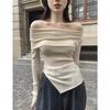 Autumn Winter One Word Collar Slit Irregular Sweater Women Long Sleeve Off the Shoulder Knitting Bottomed  Top
