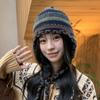 Ethnic Style Striped Long Braid Knitted Thick Wool Hat for Women In Autumn and Winter New Lace Up Warm Retro Bag Head Hat