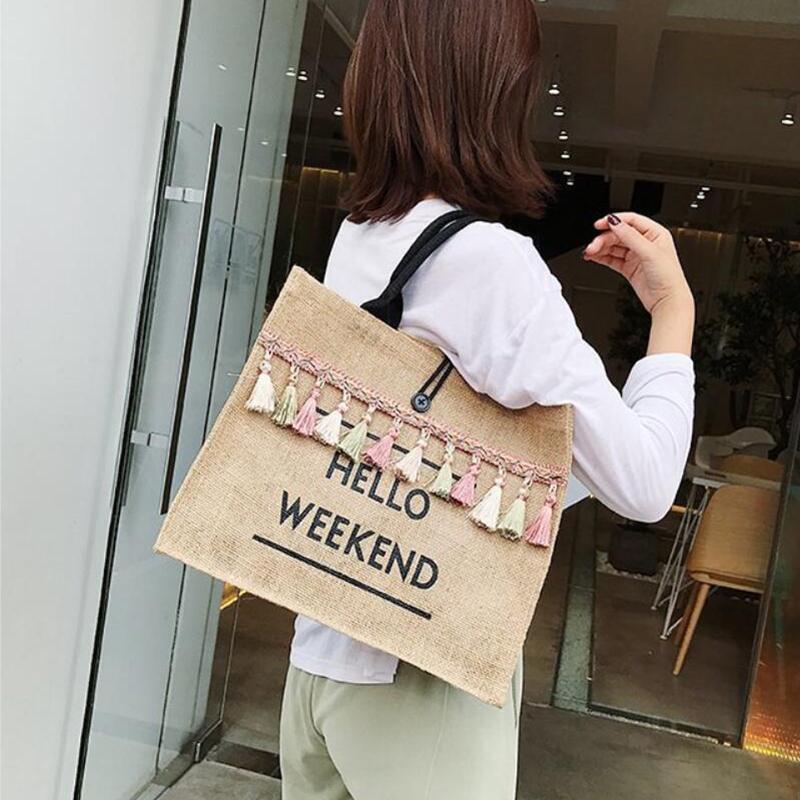 Yogodlns Women's Linen Handbag Large Capacity Tassel Ladies Travel Beach Shopping Casual Shoulder Bag