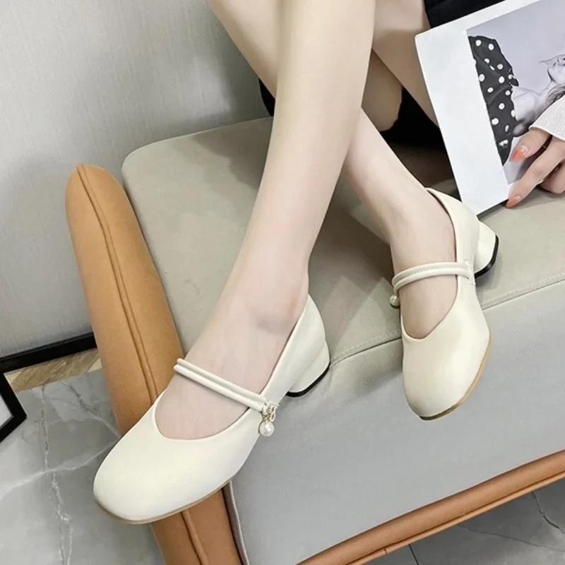 Fashion 2024 Summer New Tweed Style Round Head Soft Bottom Solid Color Mary Jane Shoes Single Button Strap Women's Fashionable Flats
