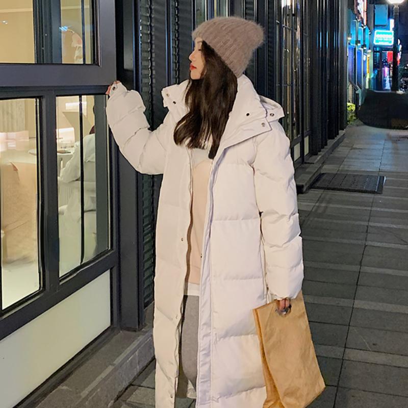 Long Down Jacket Woman Hooded Pure Color Long Sleeve Coat Cotton Overcoat Thick Warm Jackets Casual Female Coat Korean Fashion