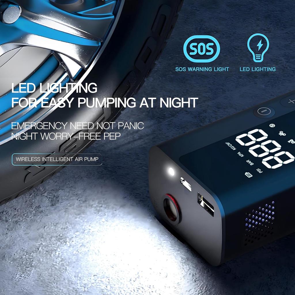 Воздушный компрессор для автомобиля, портативный насос для накачивания шин для велосипеда, грузовика, мотоцикла, беспроводной ЖК-экран 150 фунтов на квадратный дюйм, зарядное устройство для телефона Power Bank на 8000 мАч