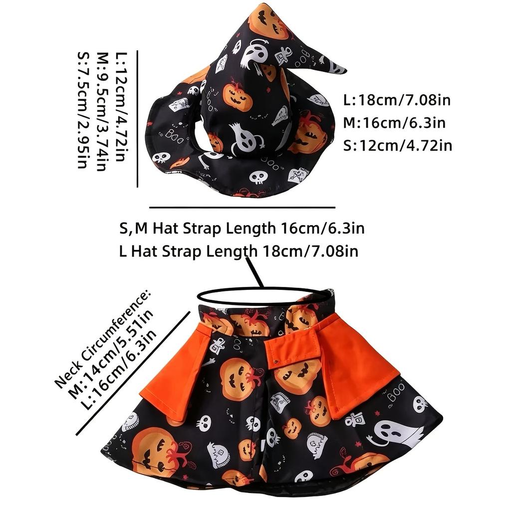Pet Halloween Cosplay Outfit Cape and Witch Hat Set Dog Cat Cloak with Pumpkin Ghost Pattern Holiday Party Dress Up Photography