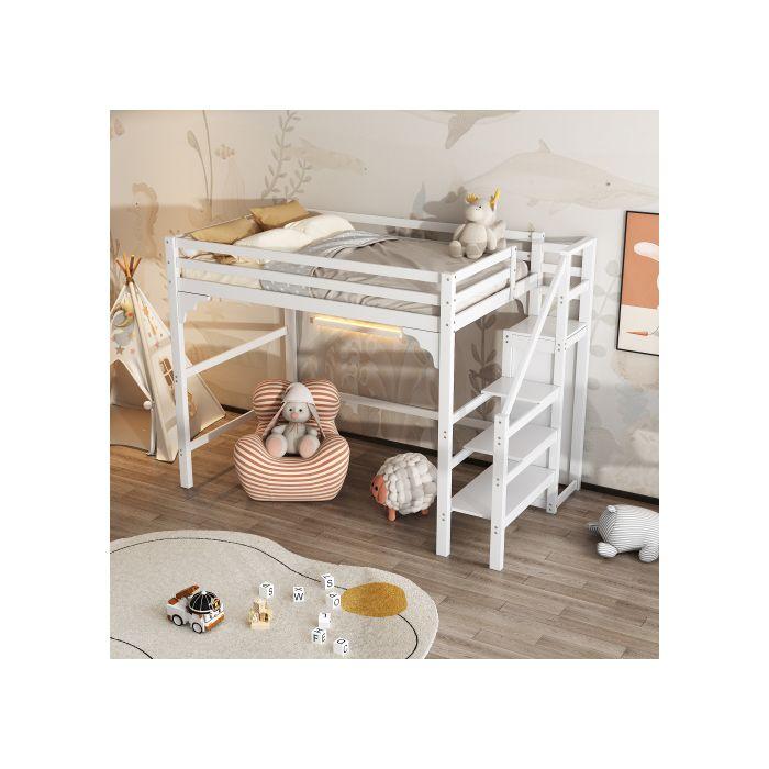 Lit superposé - MUVOE - 140x200cm - Bois massif - Escalier de rangement - Armoire intégrée