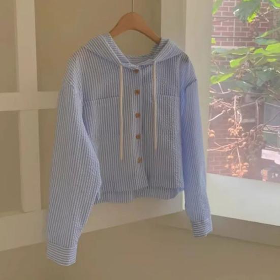 Женские полосатые рубашки на пуговицах с капюшоном и длинными рукавами, летний кардиган с защитой от солнца