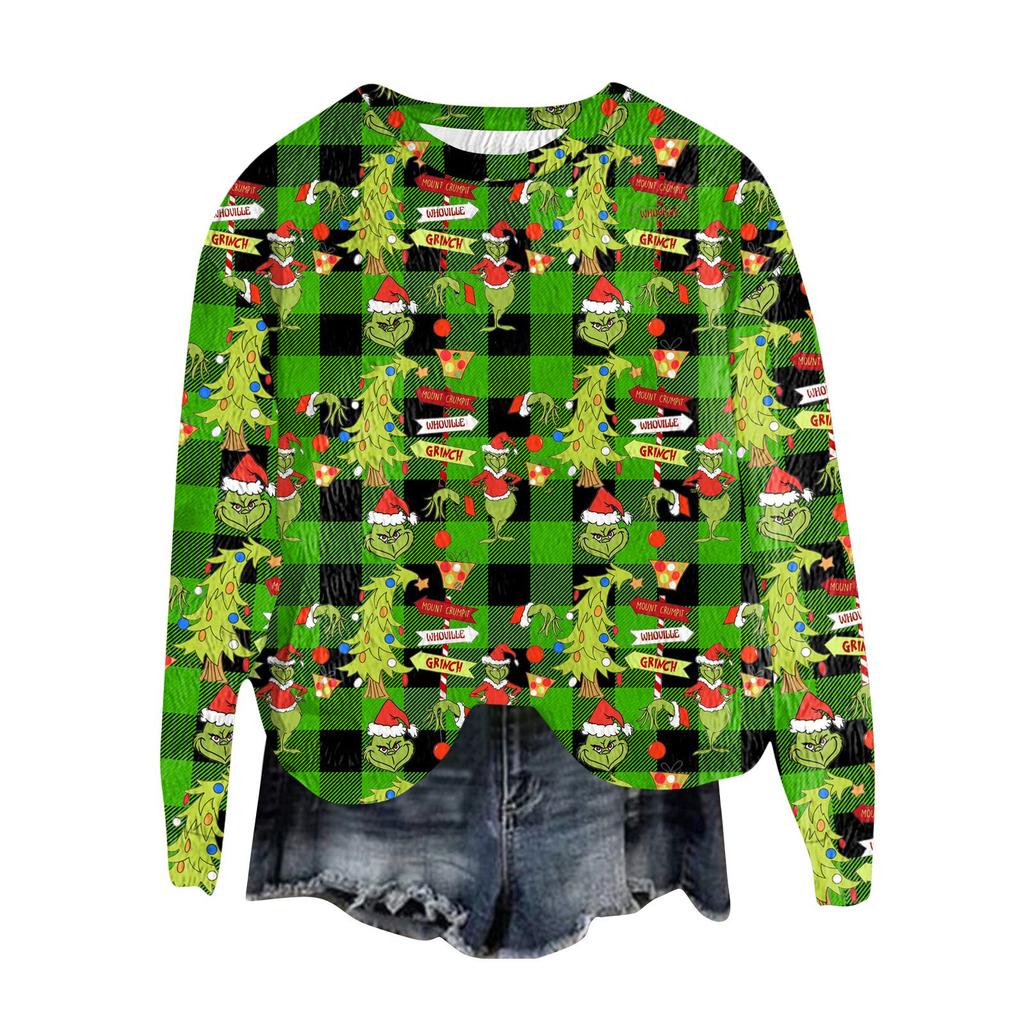 Women's Fashion Round Neck Pullover Top Long Sleeve Tee Christmas Printed Sweatshirt