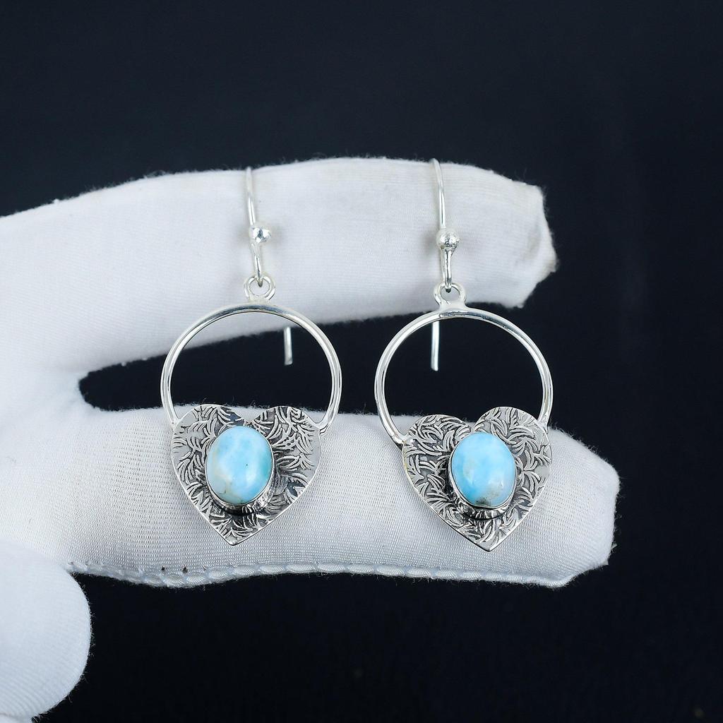 Серьги в форме сердца из натурального камня Ларимар, серьги из стерлингового серебра 925 пробы, серьги-подвески из серебра ручной работы в стиле бохо, подарок на помолвку