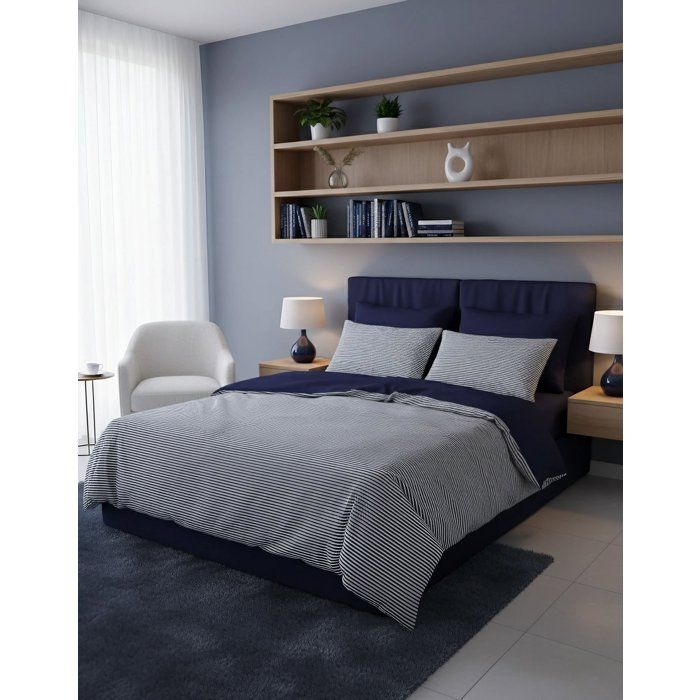 Parure de lit - 1 housse de couette 140 x 200 cm + 1 taie d'oreiller 60 x 60 cm - 100% coton renforcé - Rayures Bleu foncé