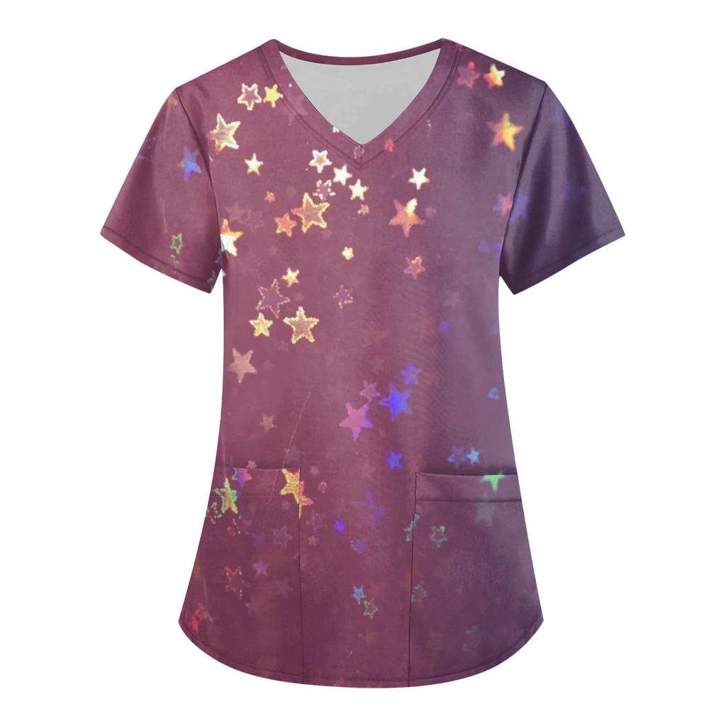 Женская мода, рабочая одежда с v-образным вырезом, короткими рукавами и карманами, топы с принтом ко Дню святого Валентина