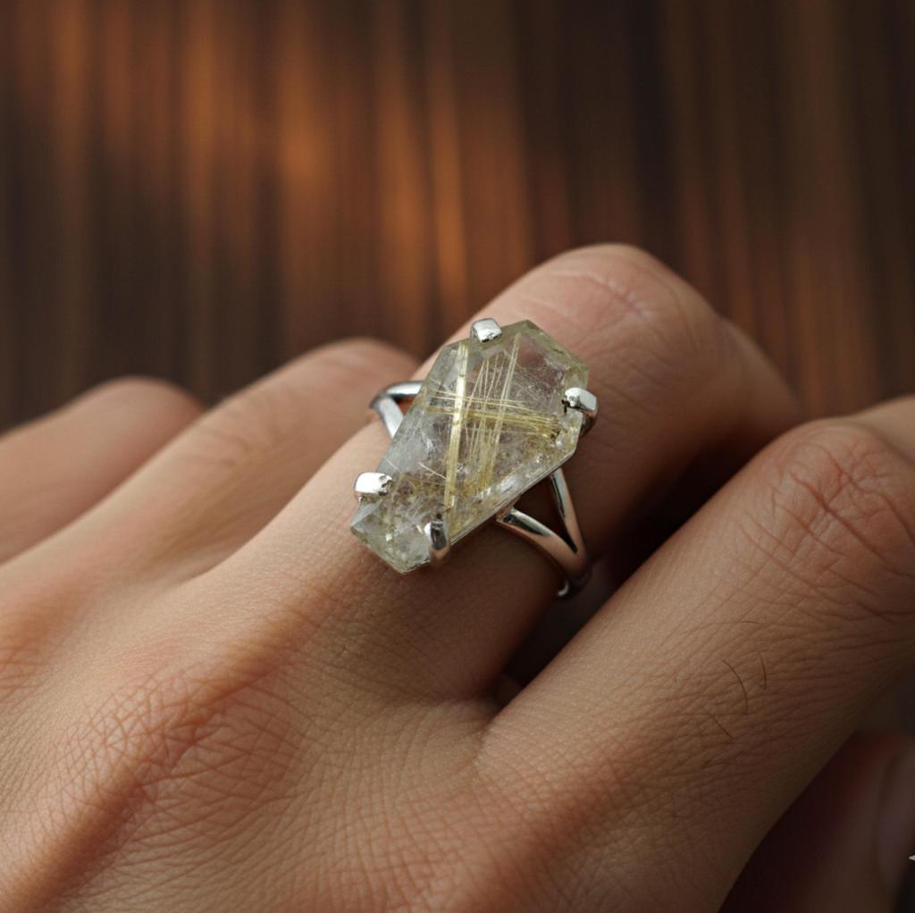 Кольцо в виде гроба, золотое кольцо с рутилом, серебро 925 пробы, драгоценный камень из рутилированного кварца, подарок для нее, женское кольцо, подарок на День матери